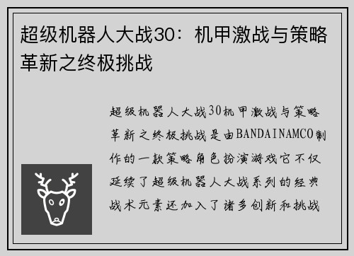 超级机器人大战30：机甲激战与策略革新之终极挑战